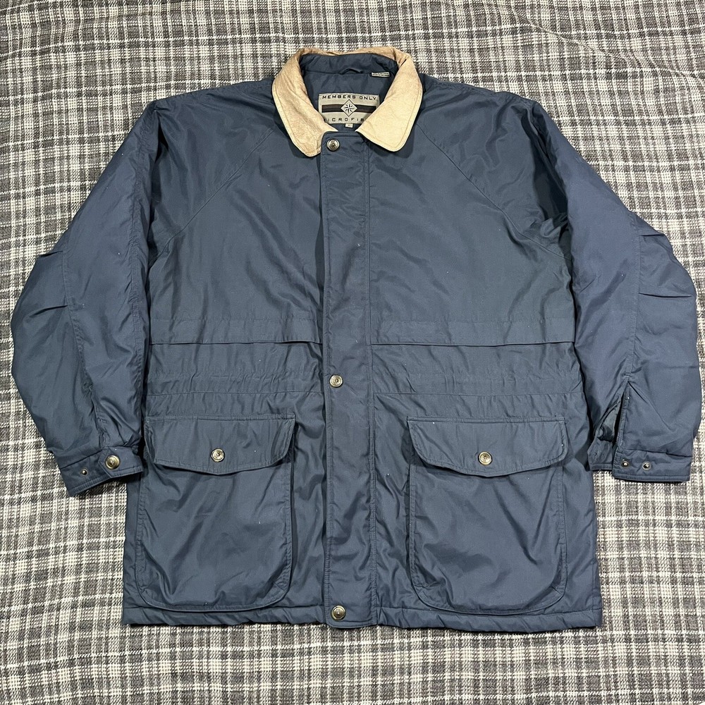 Members Only Long Down Coat in Navy Blue with Leather Collar - Adult Size Large  -image