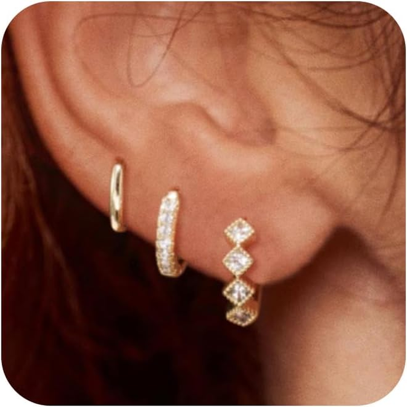 14K Real Gold Plated Hoop Earrings with Zirconia in Chunky & Small Styles