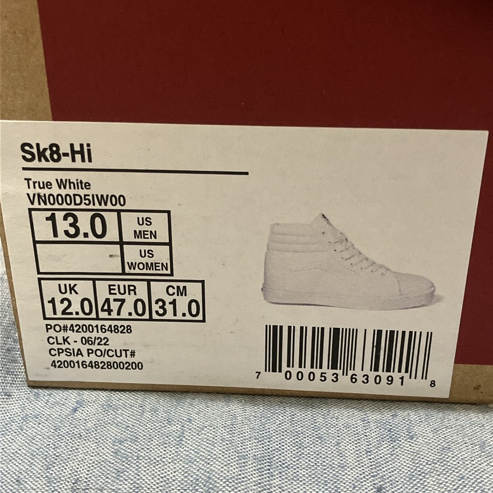 Size 13 - VANS Sk8- High True White New In Box Free Shipping..