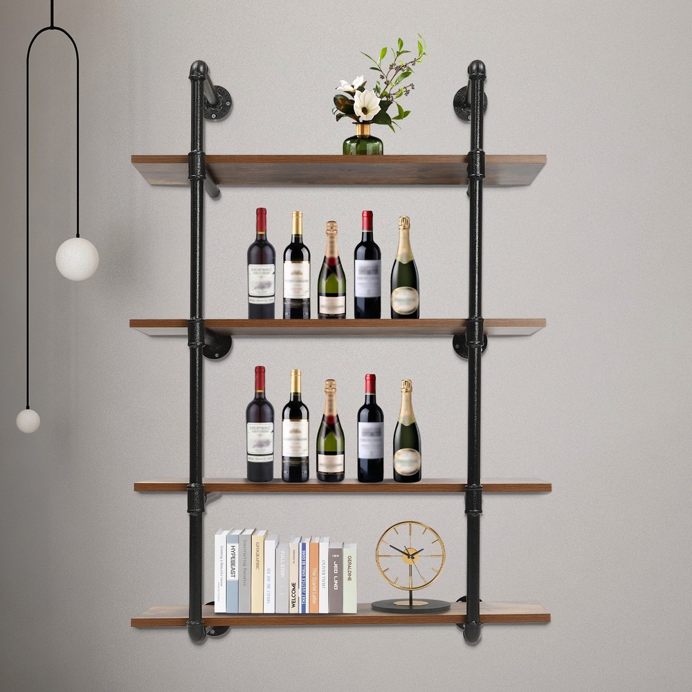 5 Tier Heavy Duty Industrial Pipe Shelf Wall Mounted Wooden Storage Rack