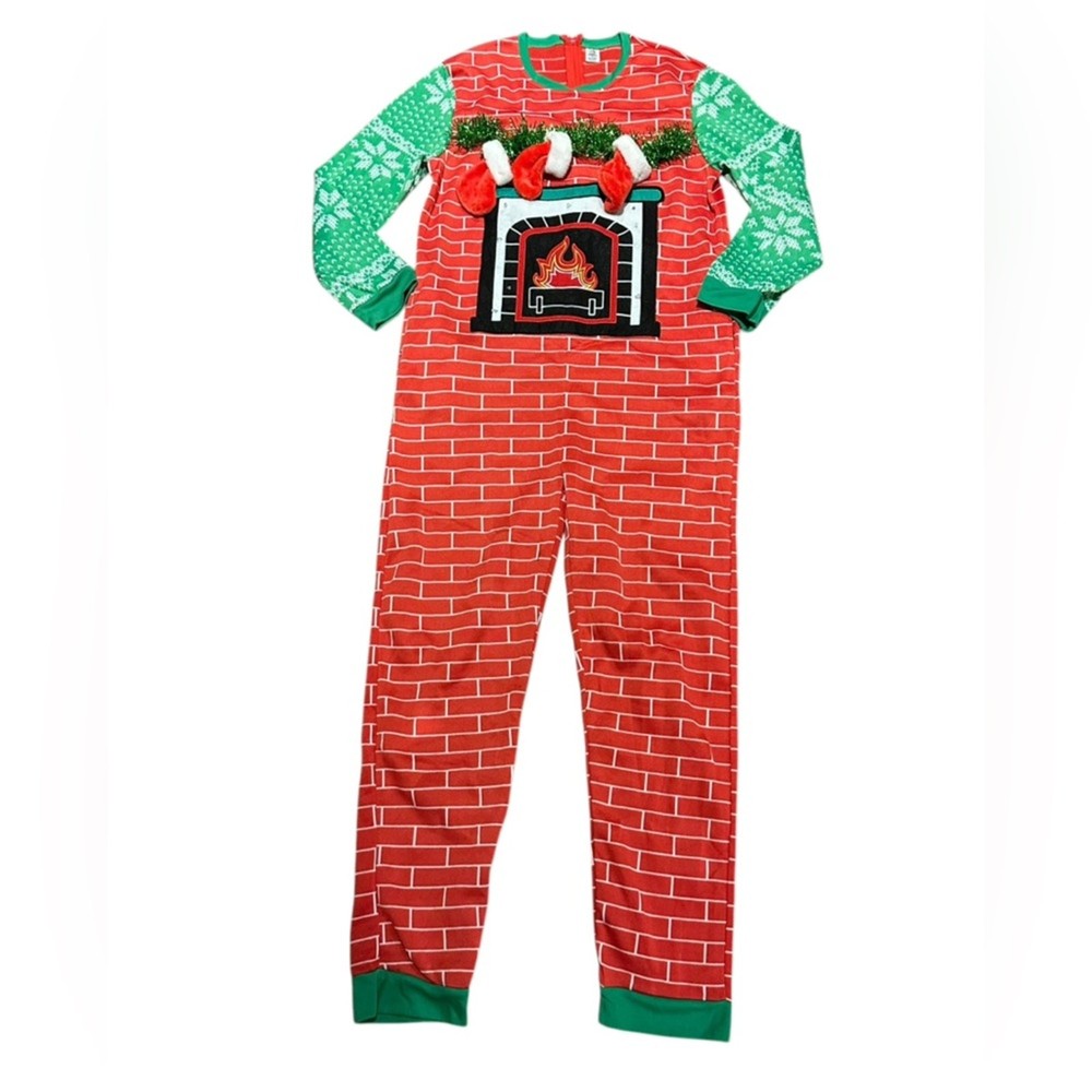 Festive Red Ugly Christmas Pajamas with Fireplace Stockings Back Zip