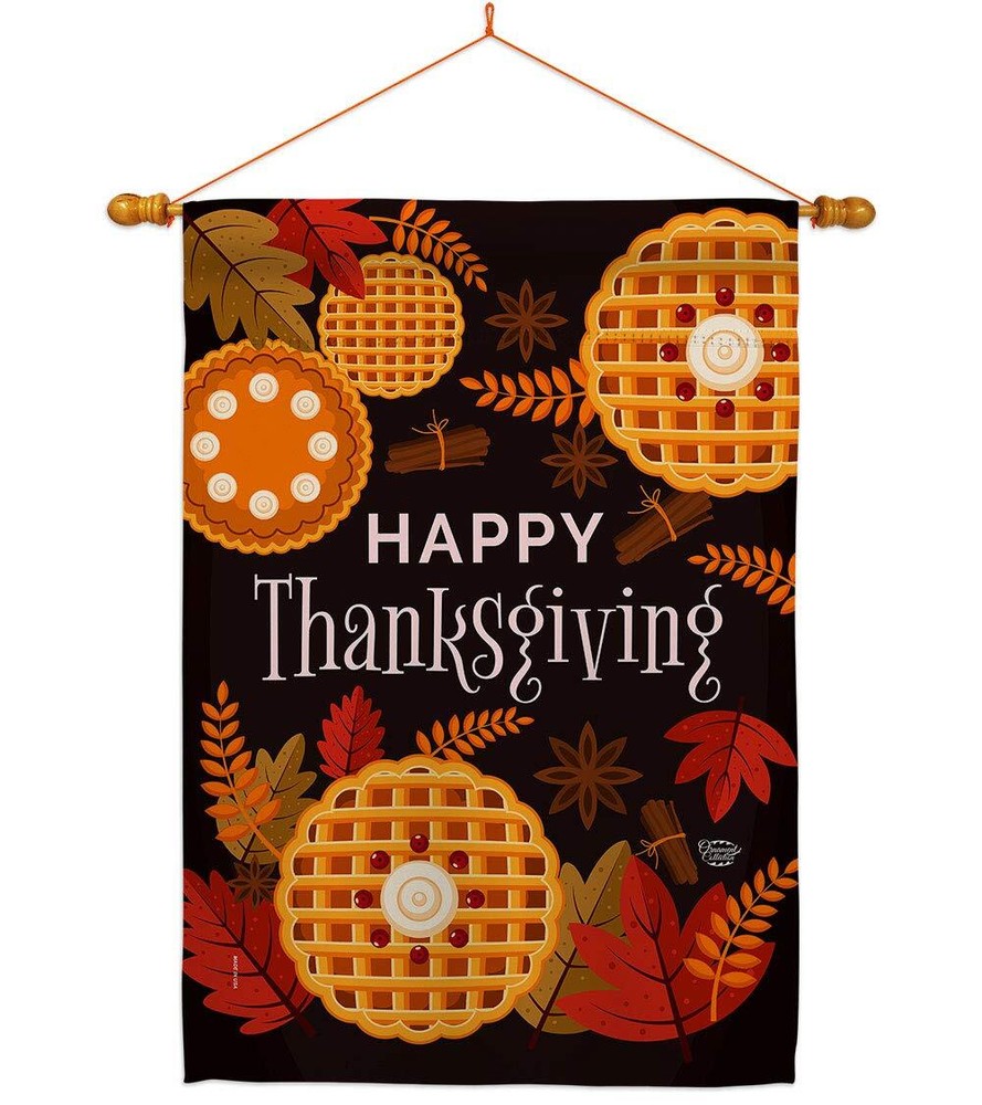 Thanksgiving Fall House Flag with Dowel Set - Turkey Gobble Pumpkins Give Thanks
