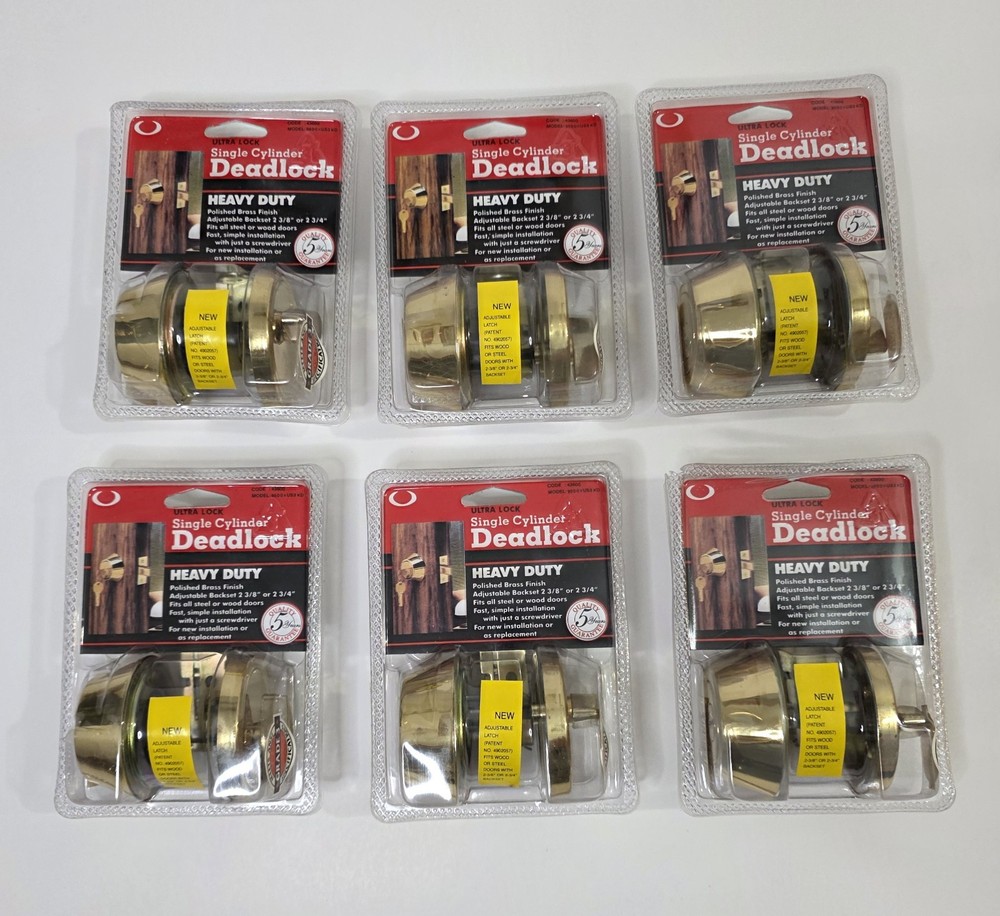 6 Heavy Duty Single Cylinder Deadbolts in Polished Brass – 5 ULTRALOCK