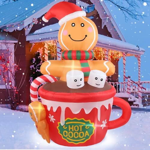 Christmas Inflatables Outdoor Decorations 6FT Gingerbread Man in Hot Cocoa Cup