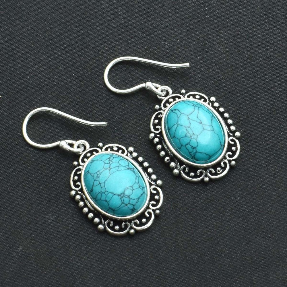 Handmade Turquoise Gemstone Drop Dangle Earrings 1.6 Inch AE-4973