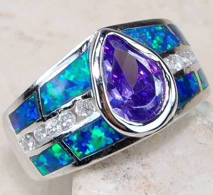 2CT Amethyst & Australian Opal Inlay 925 Sterling Silver Ring Size 8 BA2