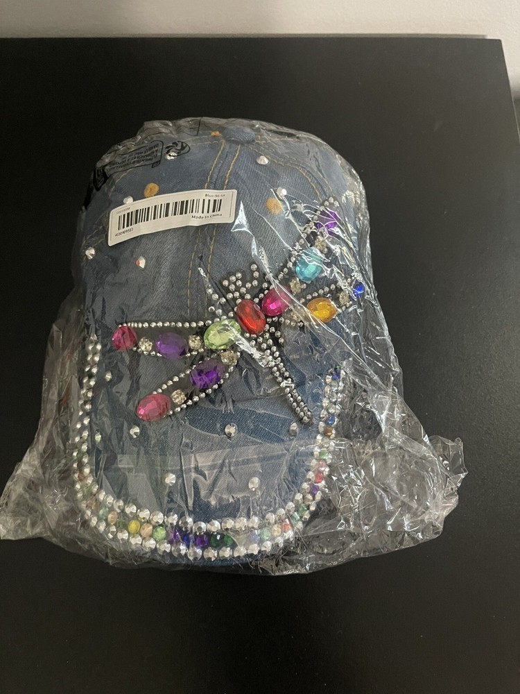 Women's Distressed Denim Cap with Rhinestone Dragonfly Studs Bling  