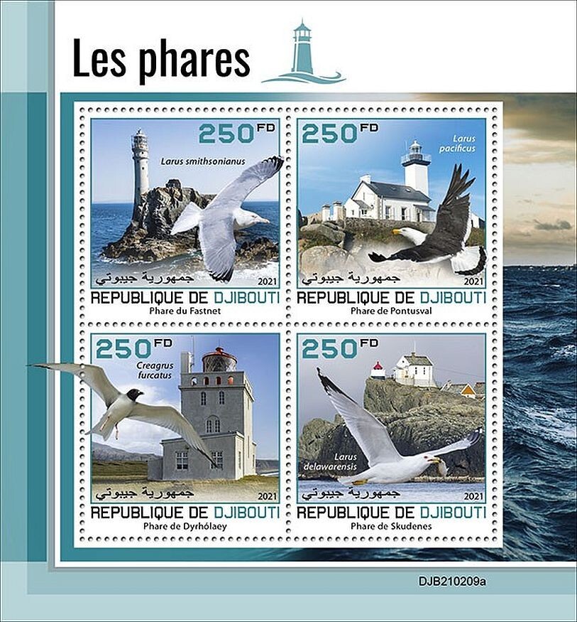 LIGHTHOUSES & SEABIRDS 4-Value MNH Bird/Birds Stamp Sheet #196 (2021 Djibouti)