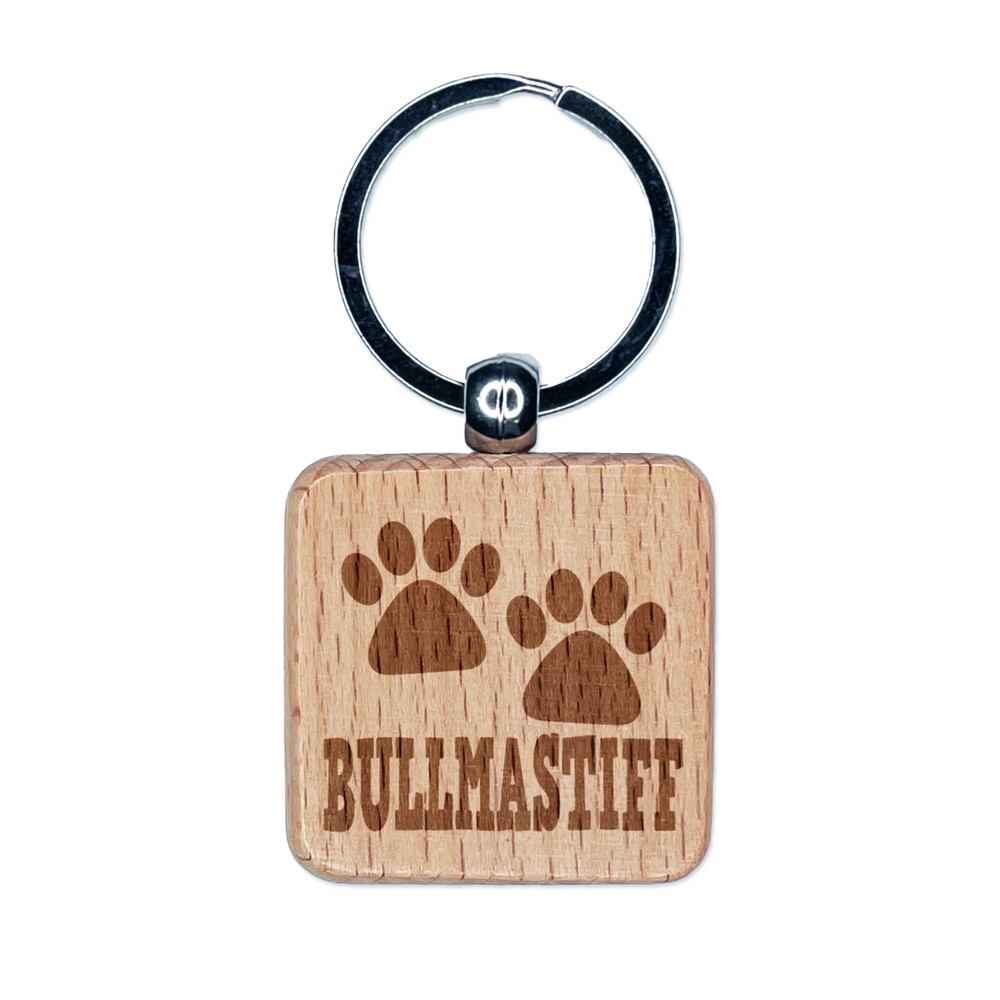 Bullmastiff Dog Paw Prints Fun Text Engraved Wood Square Keychain Tag Charm