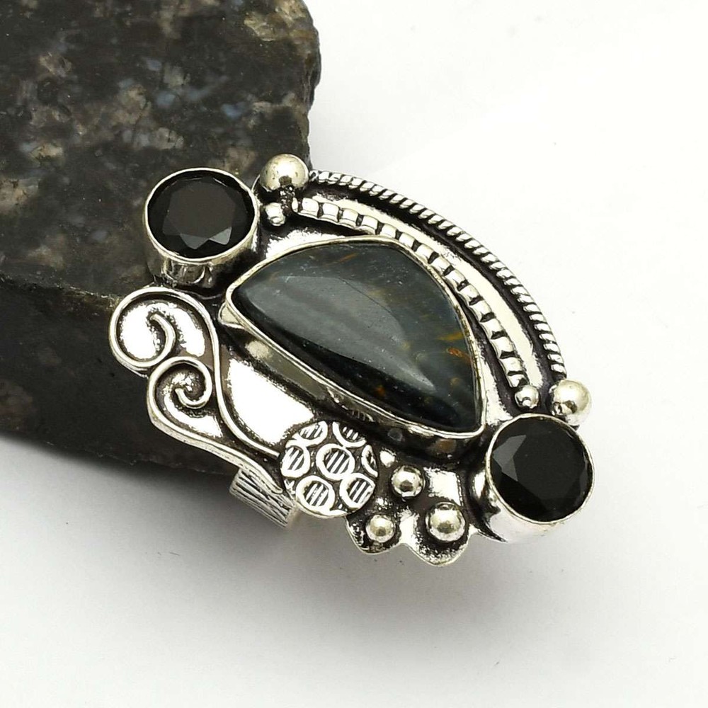 Tiger Eye Black Onyx Gemstone Ring Jewelry Gift For Her US Size-7.5 AR 76430