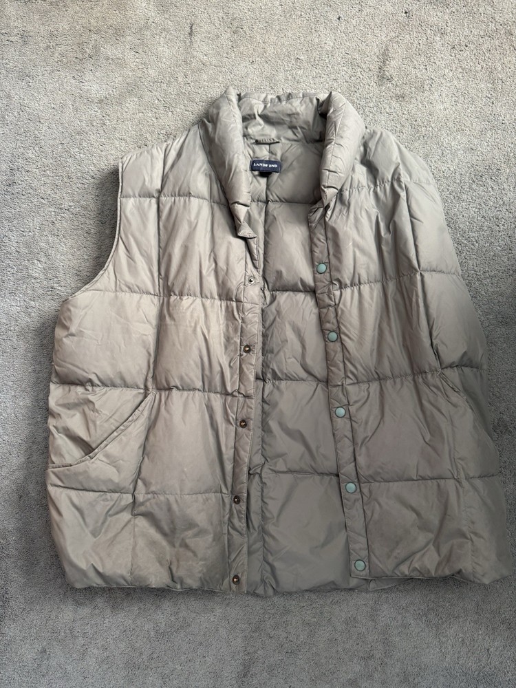 Lands End Puffer Vest Mens XL 46-48 Grey Quilted Snap Zip Outdoor