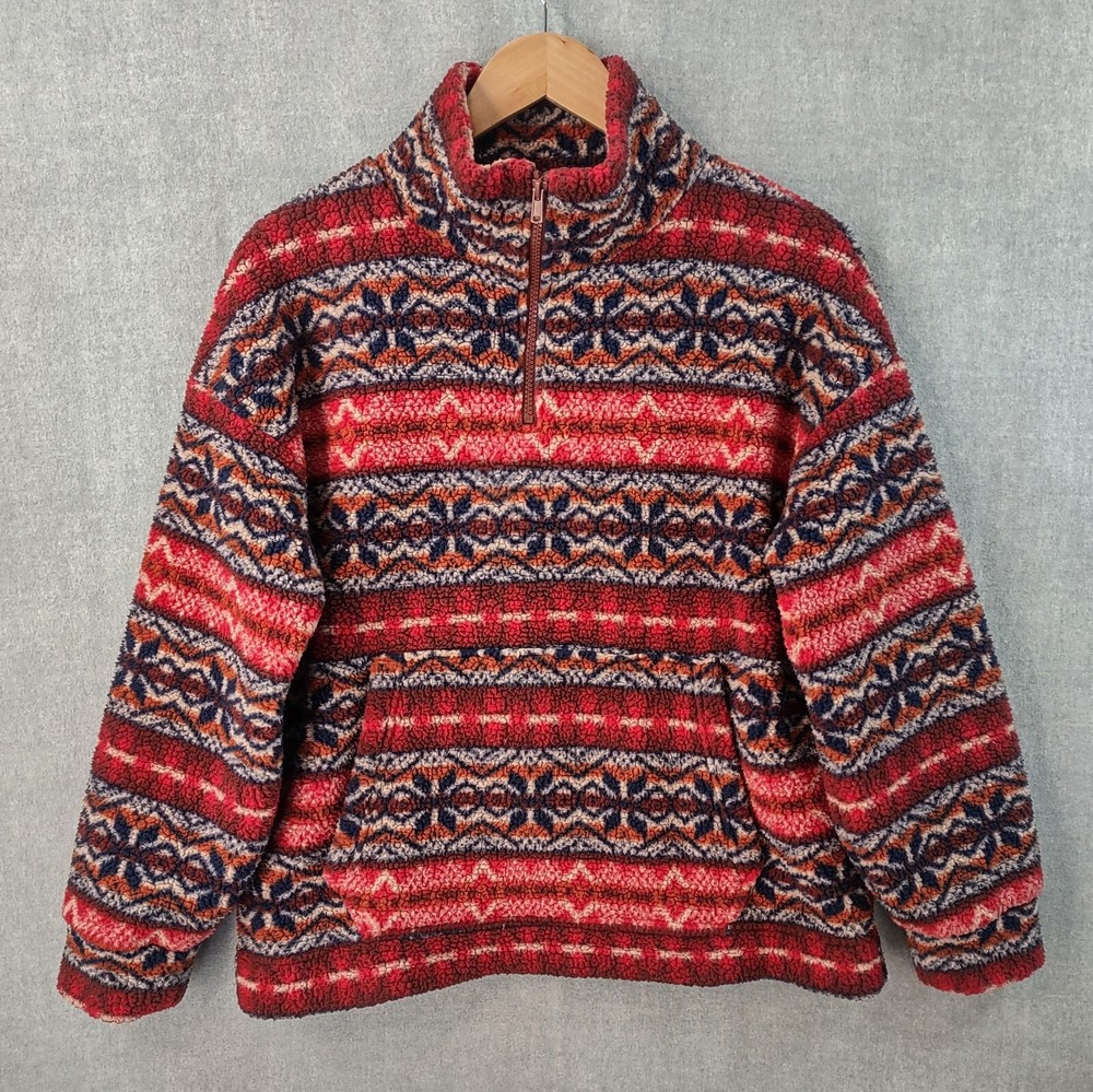 American Eagle Sweater Womens XS Red Aztec Plush Sherpa Fleece 1/4 Zip Pullover
