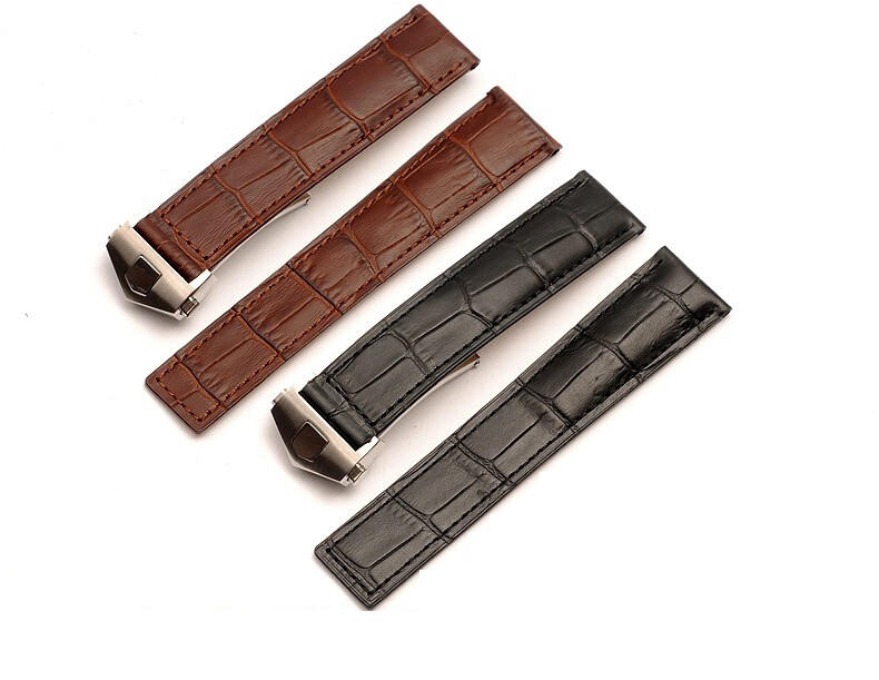20-24mm Genuine Leather Watch Band for TAG Heuer Carrera Calibre Monaco Black Buckle
