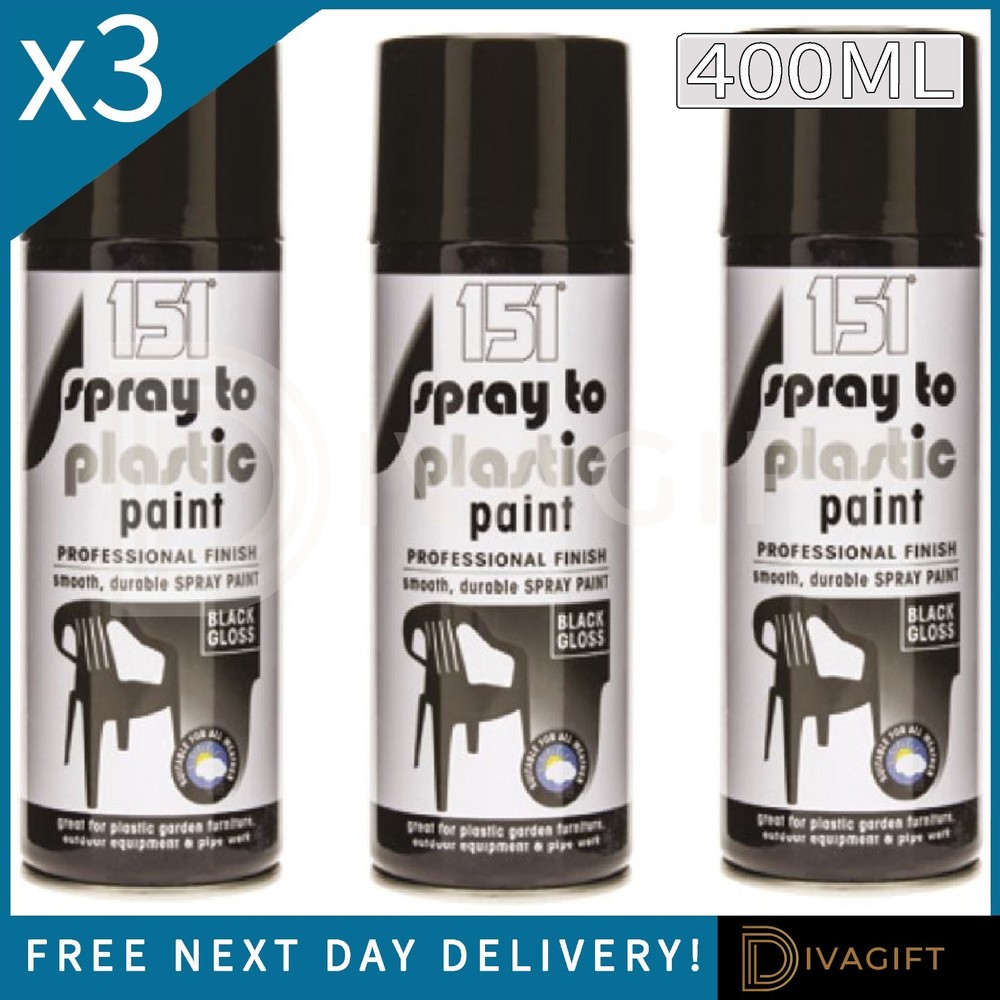 3 x SPRAY TO PLASTIC PAINT BLACK 400ML GLOSS FINISH GARDEN FURNITURE DURABLE NEW