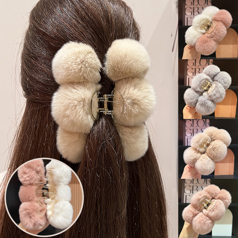 Large Size Plush Ball Hairpin Artificial Fur Crab Clip Acrylic Clamp Solid Colo;