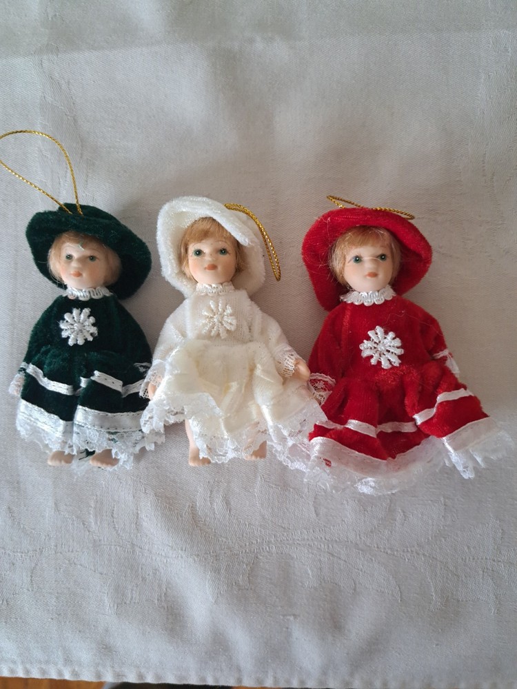 Victorian Velvet Doll Christmas Ornaments Set of 3 Vintage Style