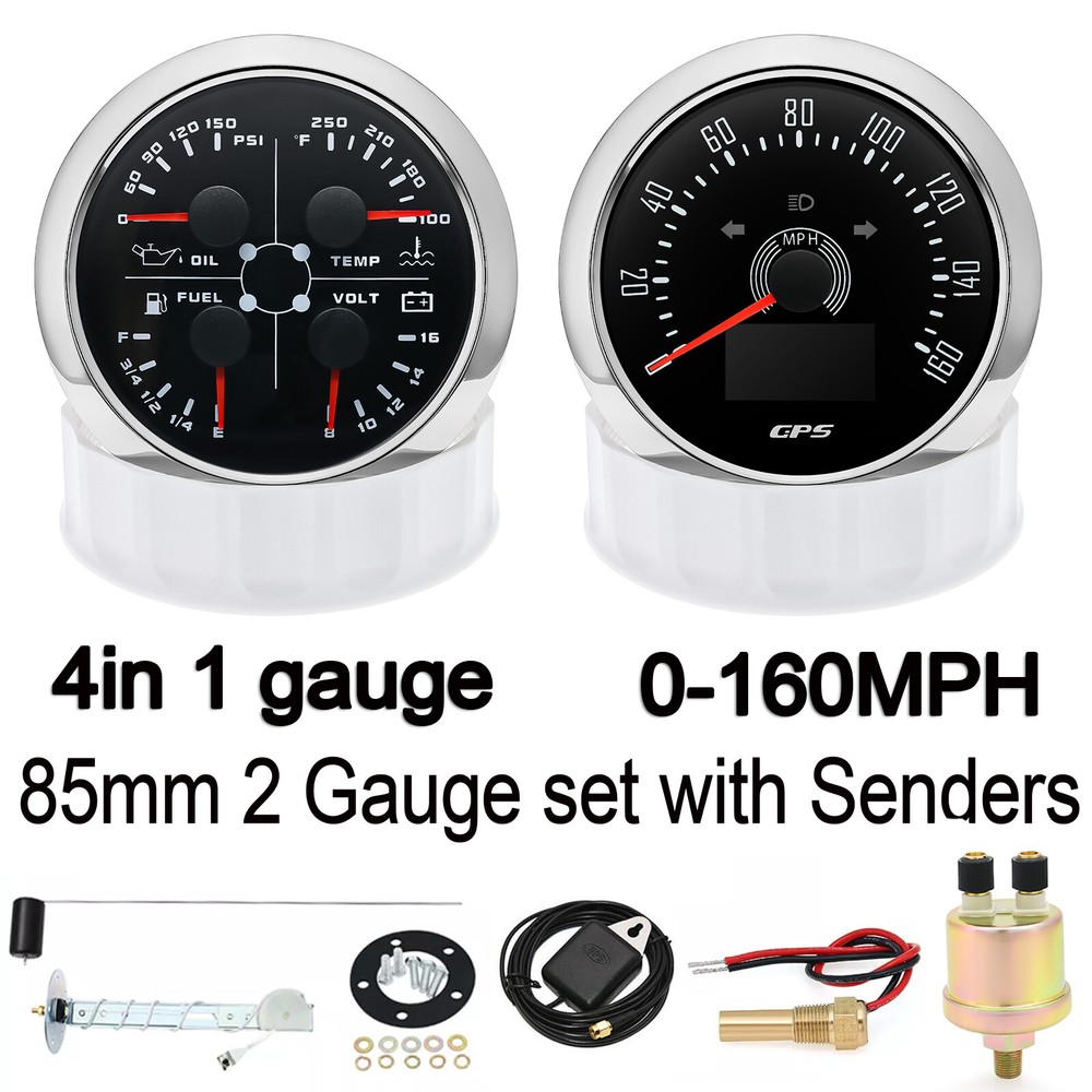 2 Gauge Set 85mm GPS Speedometer 0-160MPH & 85mm 4 In 1 Gauge with Sensor US