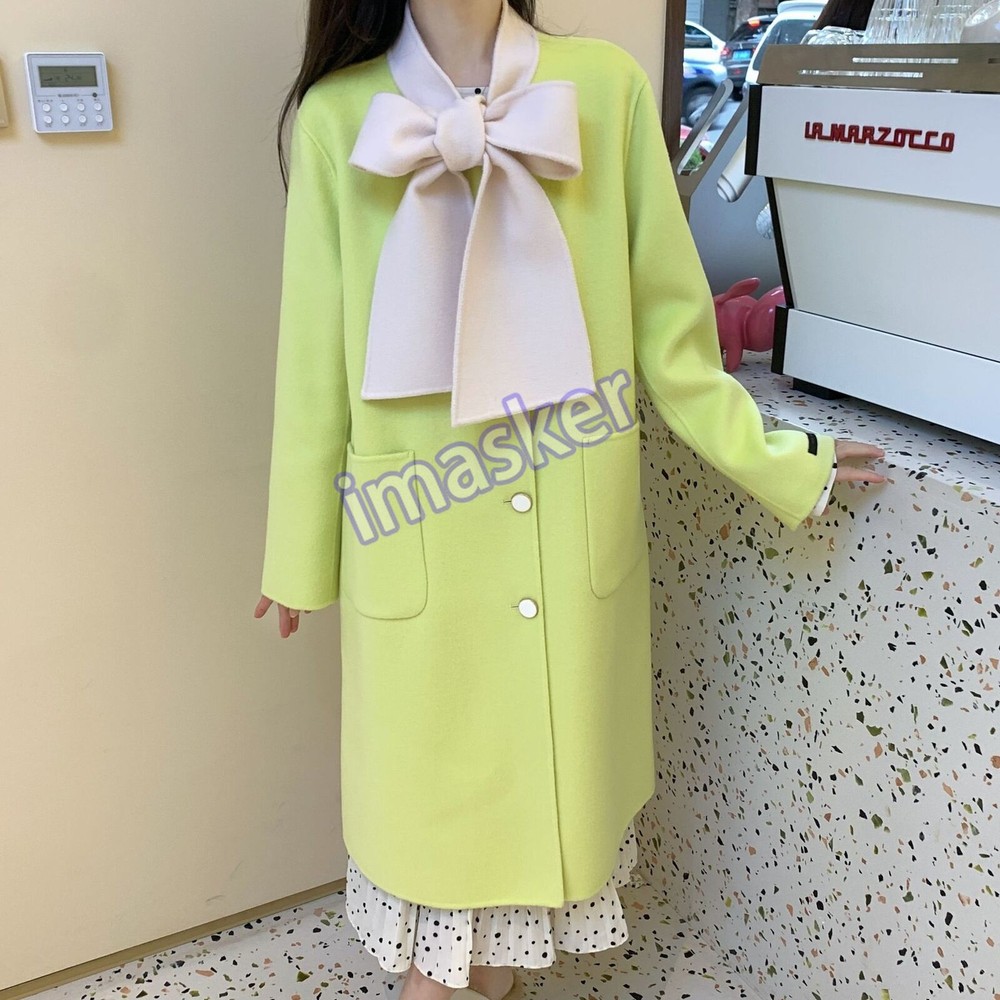 Winter New Womens Elegant Bow Cashmere Button Trench Coat Long Wool Long Jacket