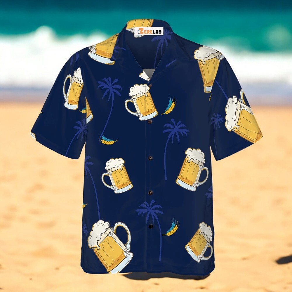 Men’s Dark Blue Hawaiian Beer Print Short Sleeve Shirt US Summer Size