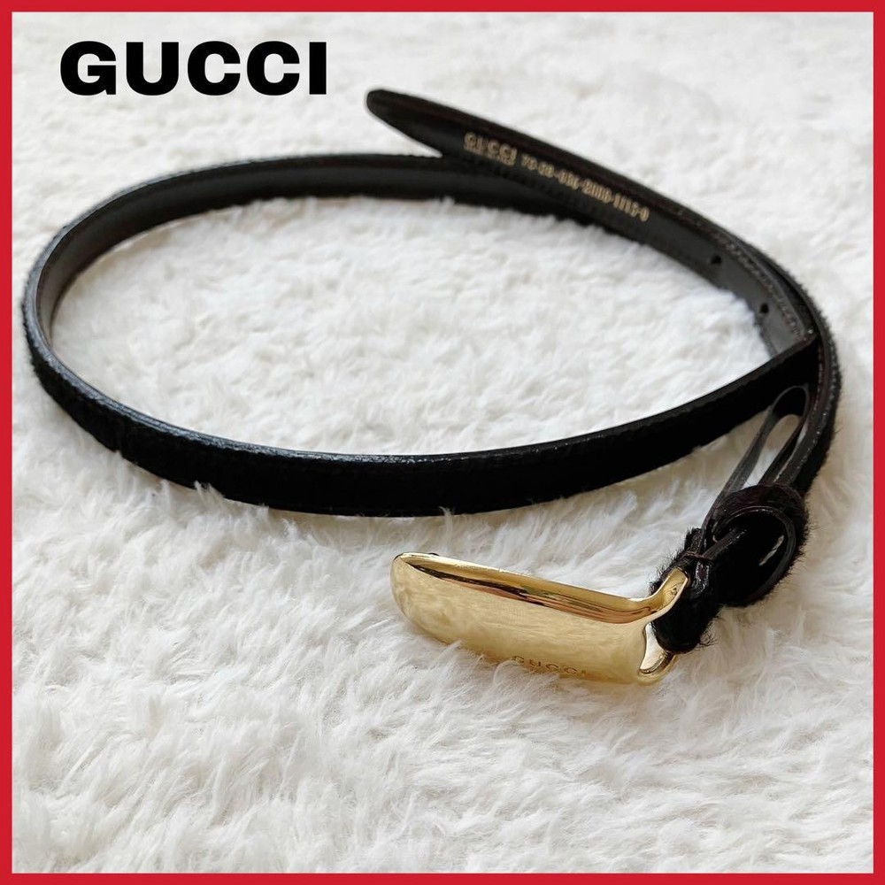 GUCCI Pony Embossed Leather Belt with Gold Buckle Authentic Japan RIN