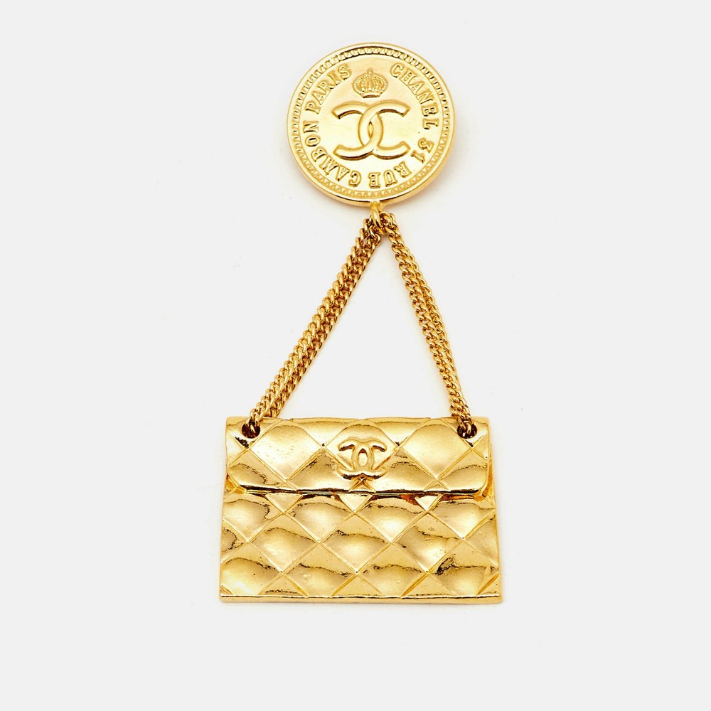 Chanel Gold Tone Flap Bag Motif Pin Brooch  