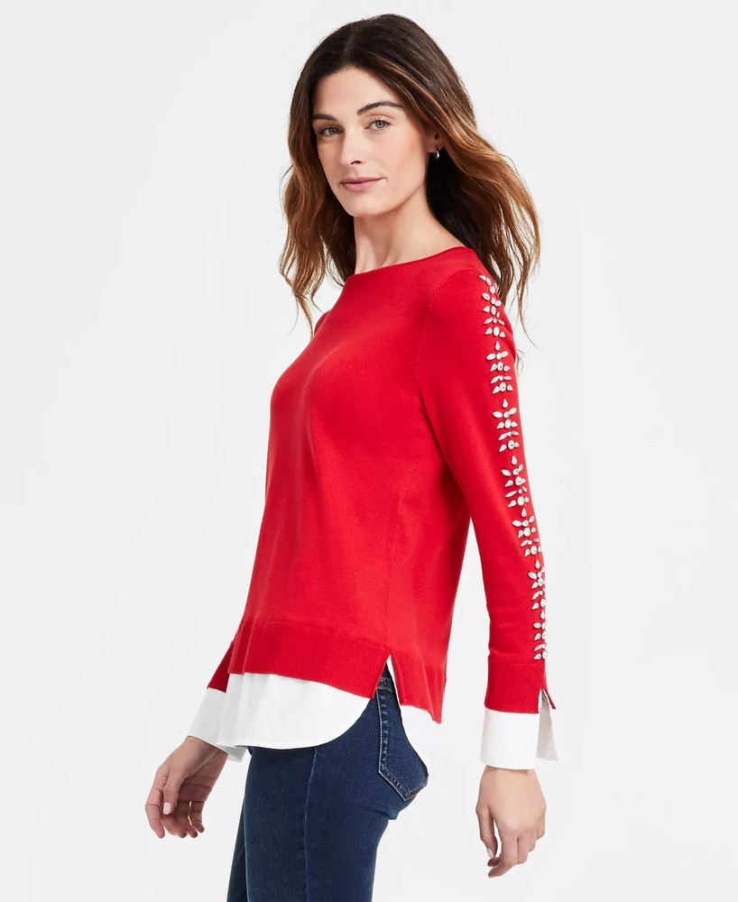 Jones New York Women's Top Sz L Embellished-Sleeve Shirttail