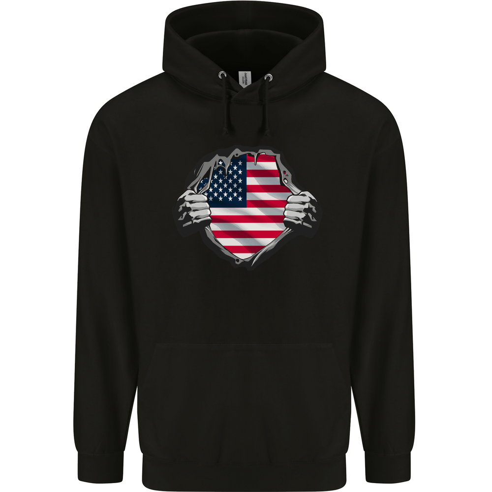 USA Flag Ripped Torn Gym America July 4th Mens 80% Cotton Hoodie