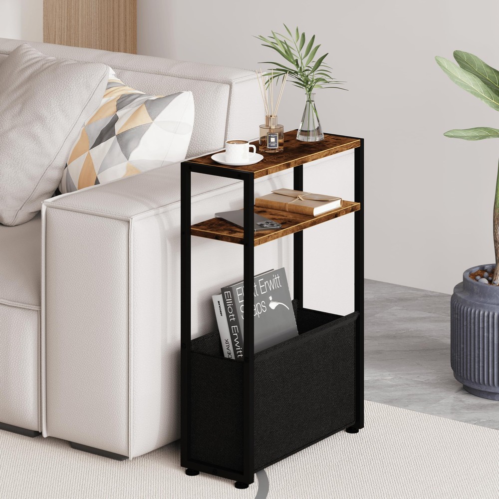 Narrow Side Table, Slim End Tables with Fabric Basket, Skinny Table for Small...
