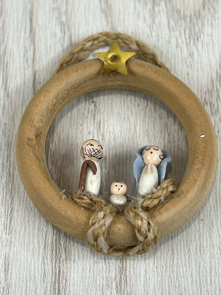 Wooden & Rope Wreath Nativity Design Miniature 2” Ornament