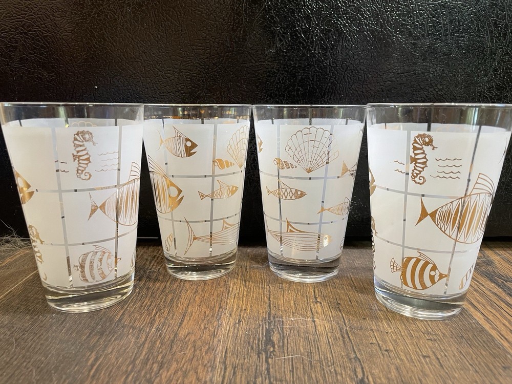 4 Marine Life Fish TUMBLERS GLASSES White Frosted 12 oz GOLD Vintage SET 5 1/8