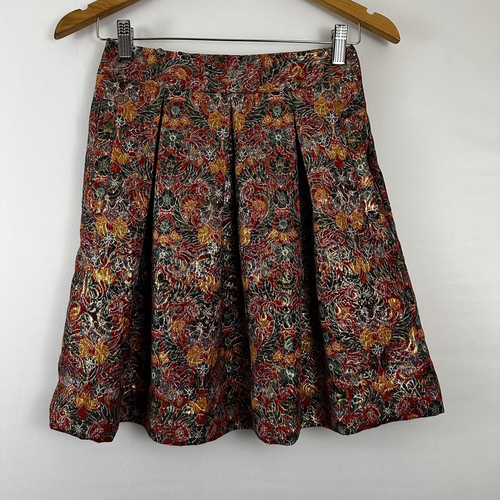 Anthropologie Rosia Skirt by Maeve Pleated A Line Floral Metallic Size XS