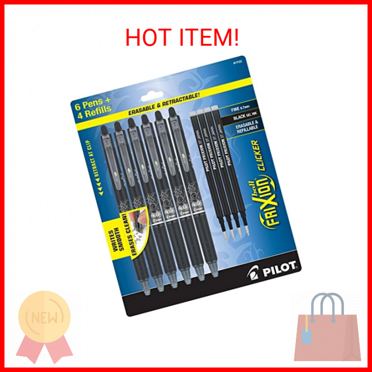 Pilot Frixion Erasable Pens - 6 Pack of Black Ink Pens + 4 Bonus Refills - Click
