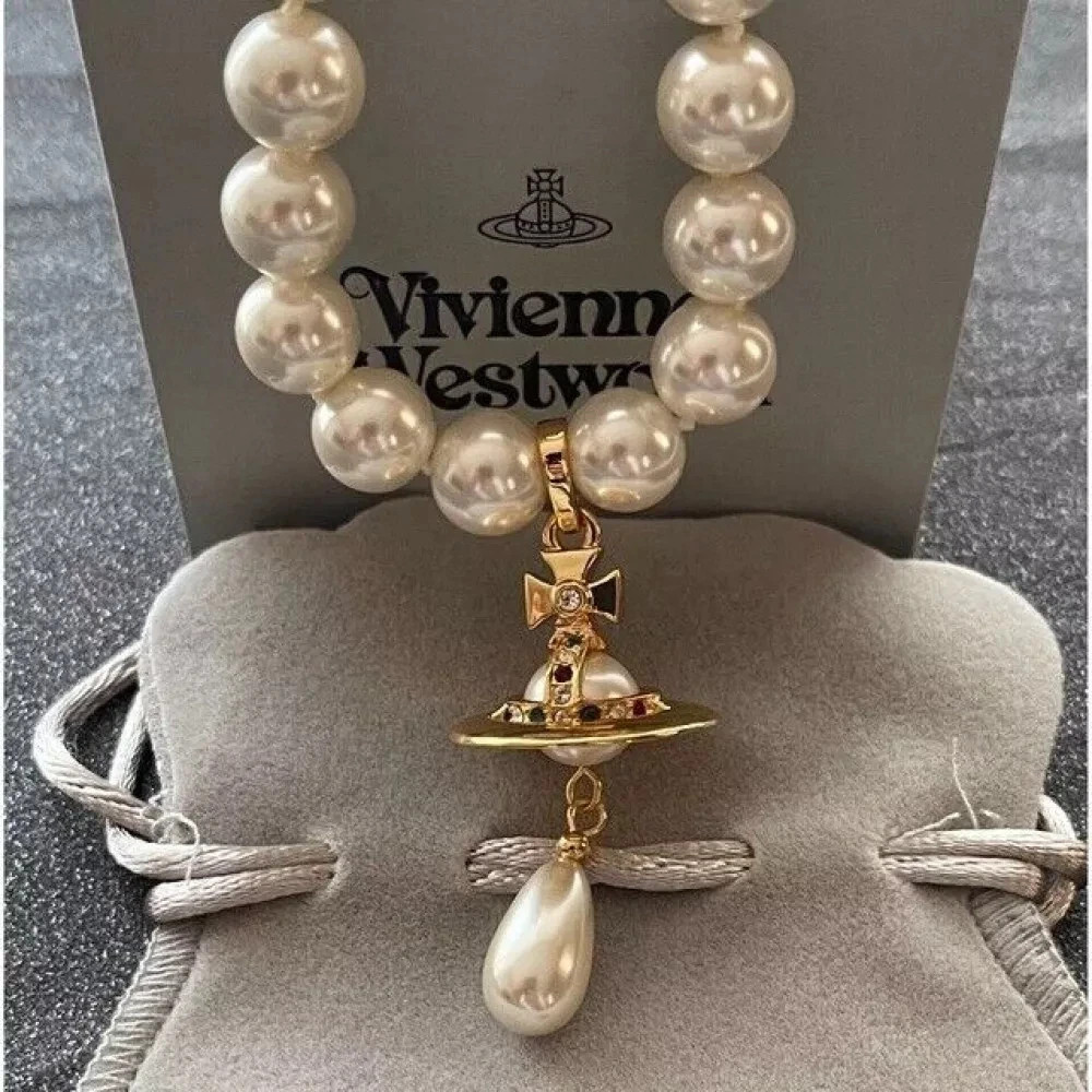 Vivienne Westwood Orb Necklace Choker White 1 Row Drop Pearl 3DGold p26