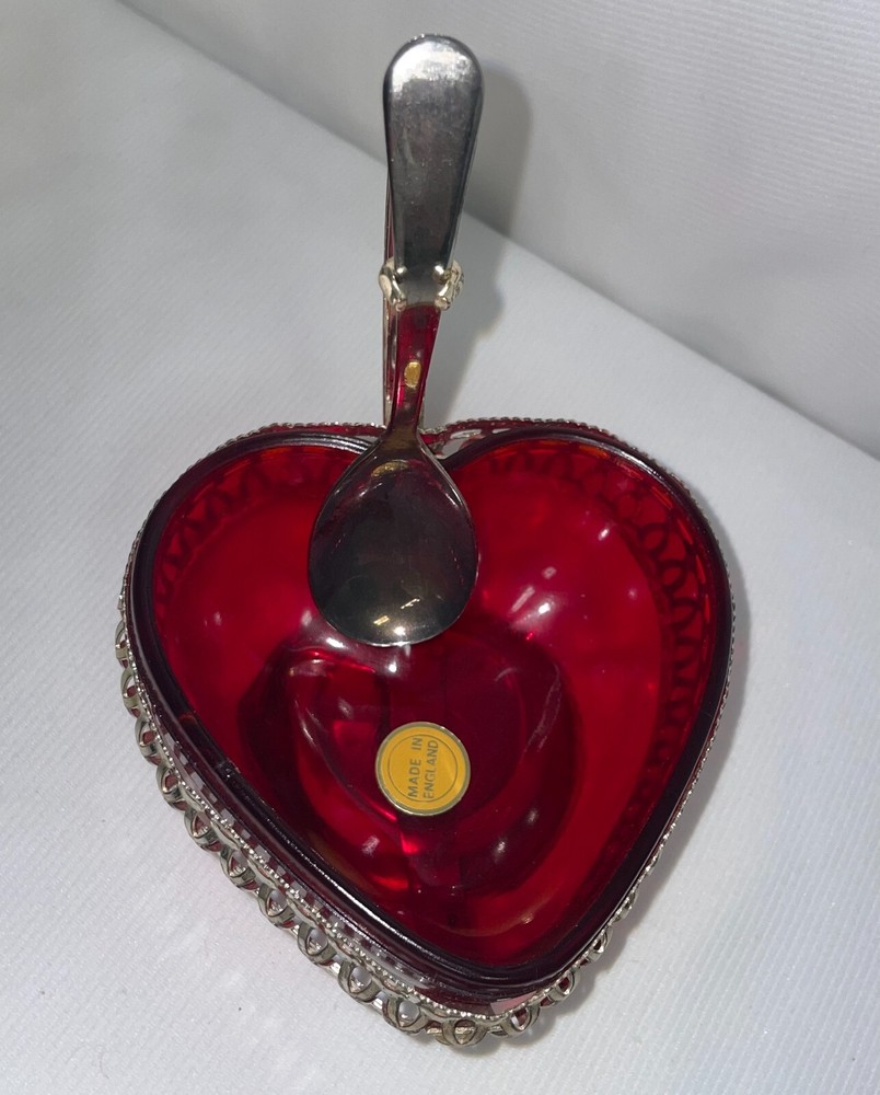 Vintage Silver Tone Red Crystal Heart Jam Dish with Spoon Made in England