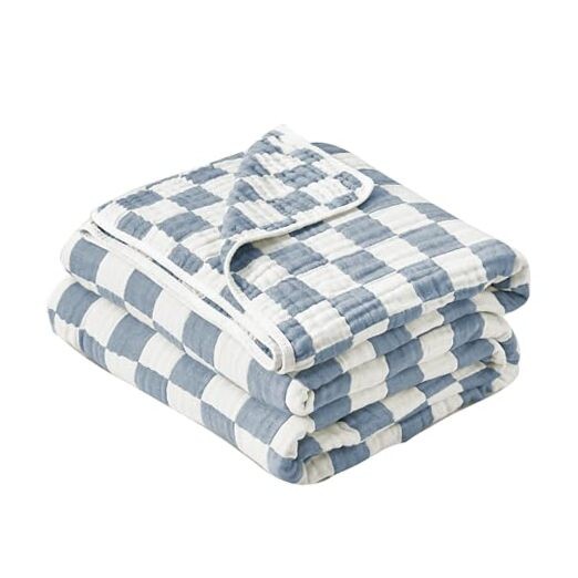 Ultra Soft 6-Layer Cotton Muslin Baby Blanket 41x41 Checkered Blue