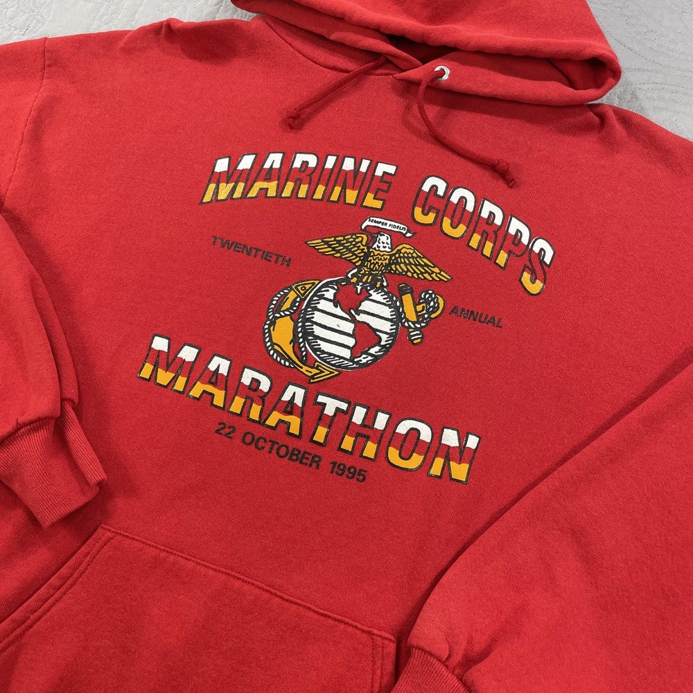 Vintage Marine Corps Marathon Hoodie Mens XL Red 1995 Pullover Made USA 90s