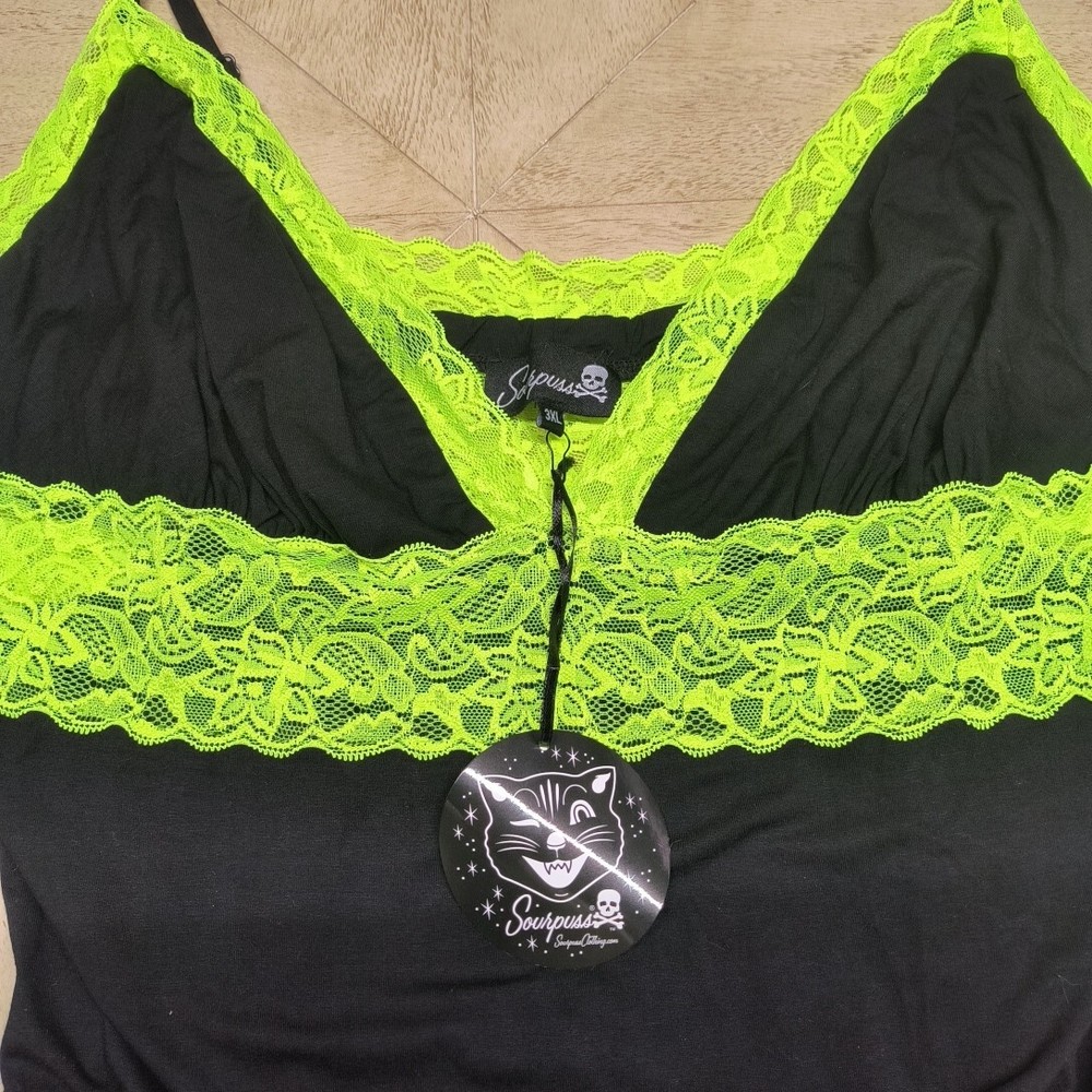 NWT Sourpuss Women's Sexy Midi Slip Dress Black&Neon Lace Goth Babydoll Sz 3XL