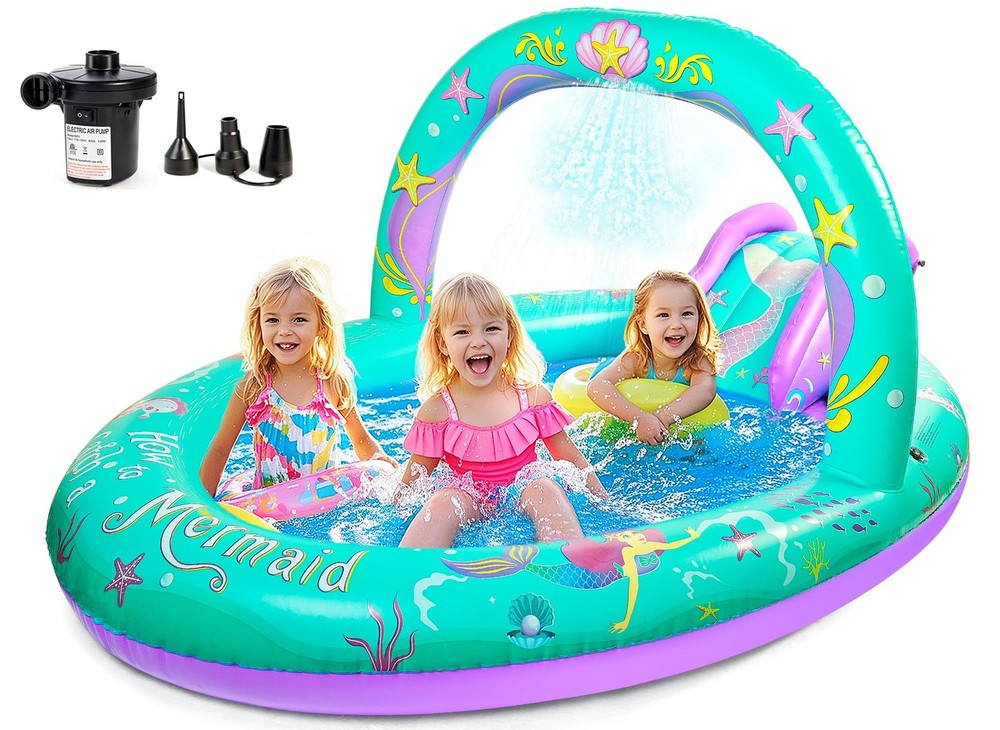 Mermaid Inflatable Kiddie Pool with Slide and Water Sprinkler for Kids