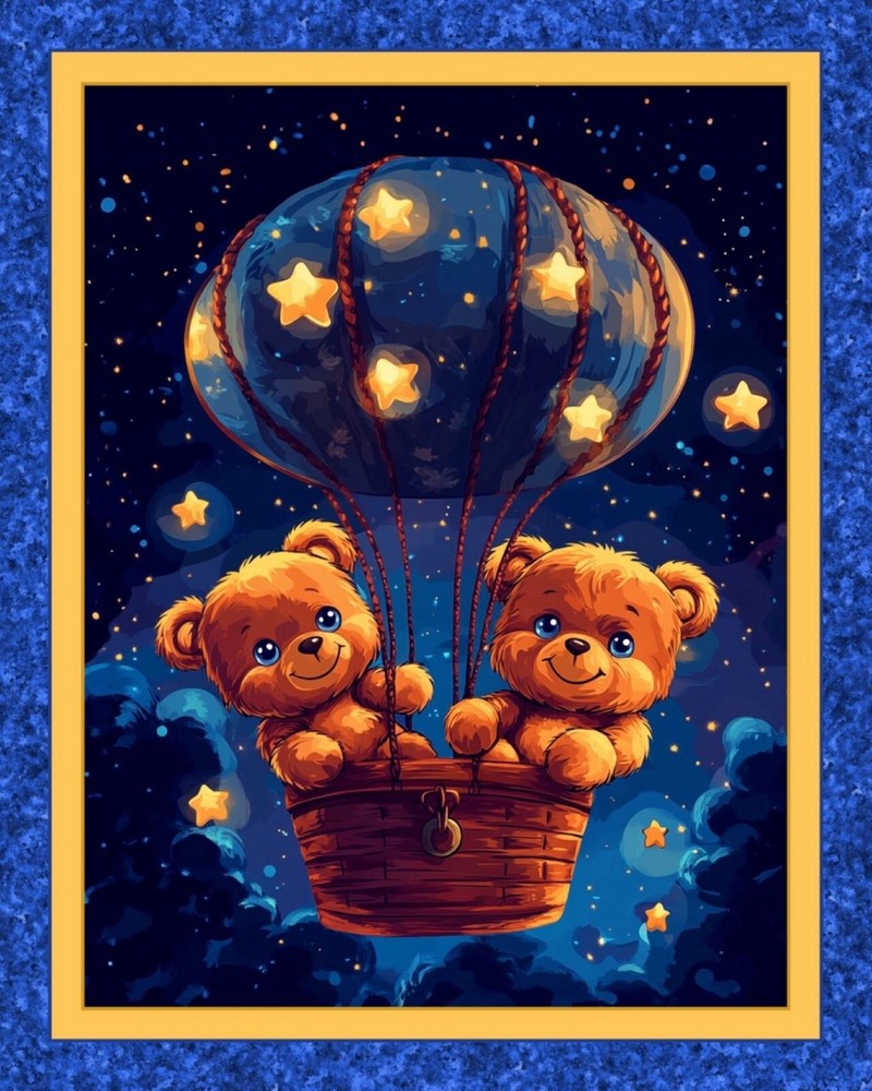 Hot Air Balloon Teddy Bear Baby Quilt Top Wall Hanging Fabric Panel  