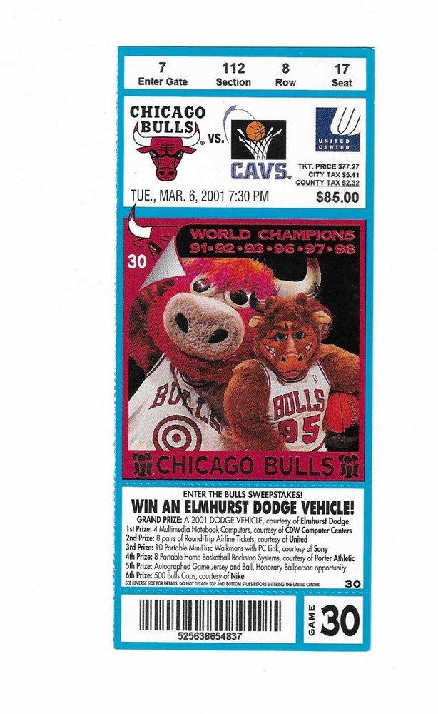 Chicago Bulls vs Cleveland Cavaliers Unused Basketball Ticket from 3/6/2001