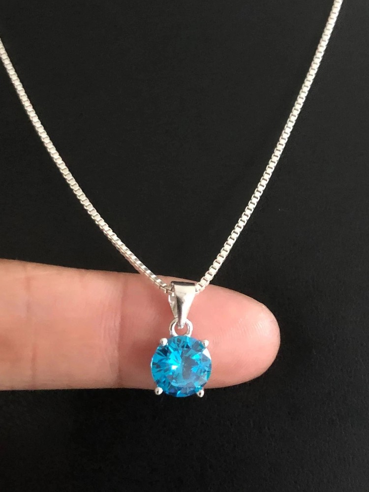 12CT Natural Blue Topaz Necklace, Sterling Silver Round Pendant Gemstone Jewelry