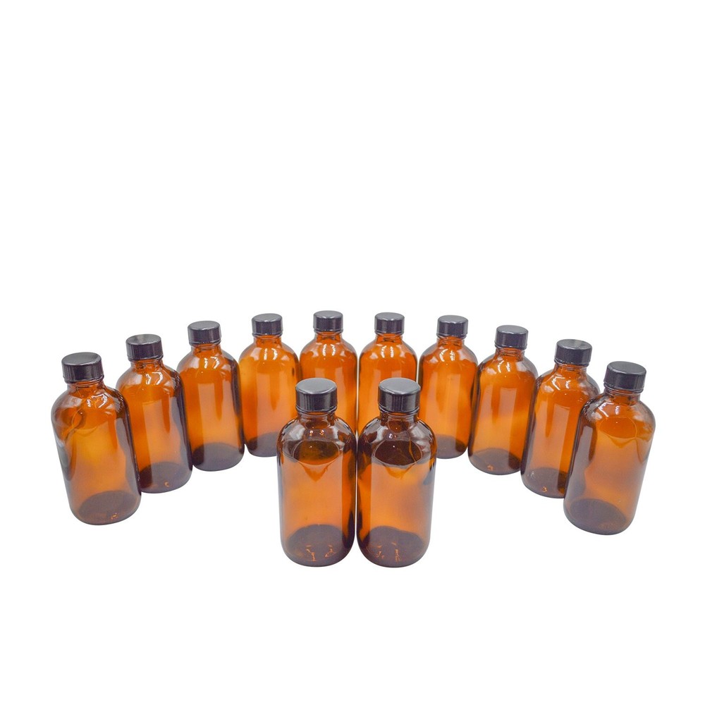 4 oz Amber Glass Boston Round Bottles With Black Ribbed Cap - 12 Pack