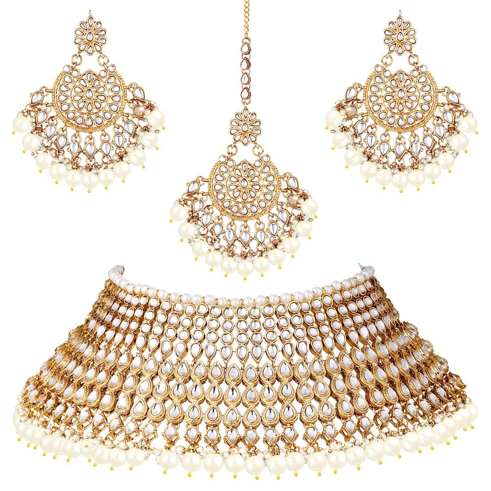 Aheli Wedding Designer Faux Kundan Indian Bridal Necklace with Maang Tikka Se...