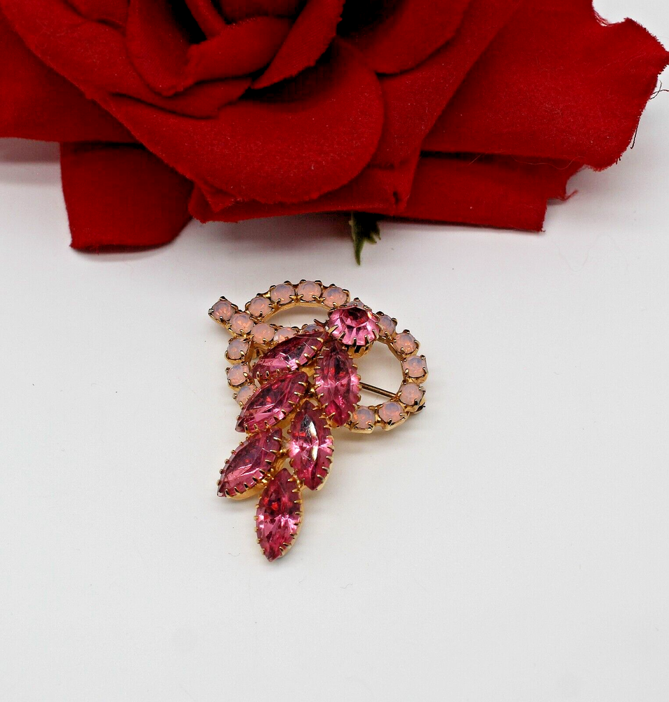 Vintage Pink Imitation Opal Rhinestone  Pin Brooch CAT RESCUE