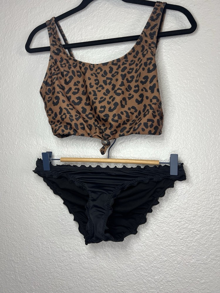 VENUS Brown Black Animal Print Ruffle Bikini Set Women's Size M