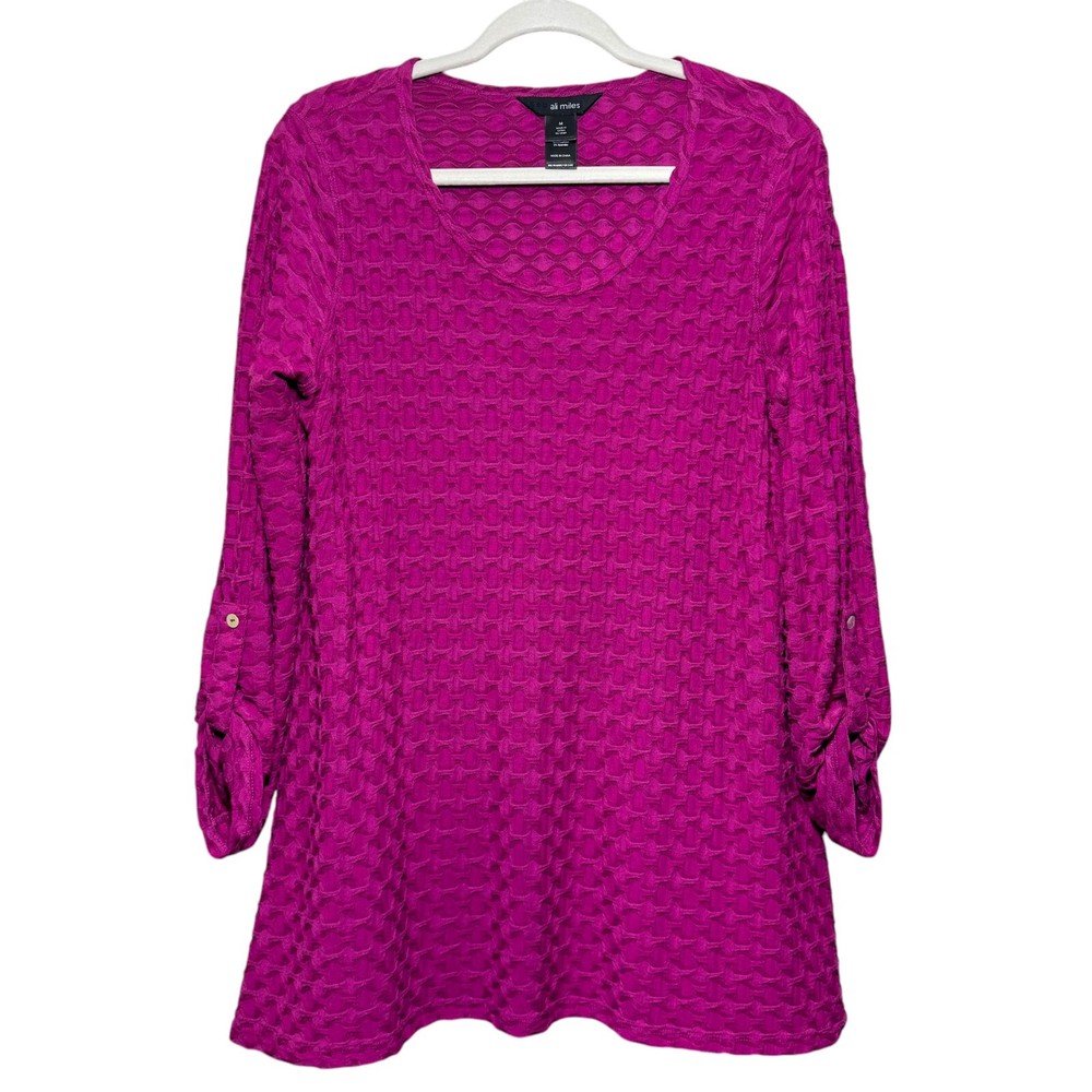 ali miles Top Shirt Medium Textured 3D Knit Jersey Roll Tab Scoop Neck Long Work