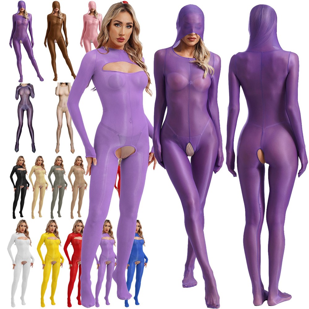 US~ Womens Oily Glossy Sheer Bodystocking Bodysuit Crotchless Catsuit Jumpsuit