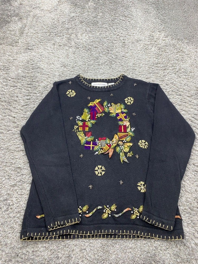 Victoria Jones Sweater Women Small Black Christmas Reef Embroidery Granny Vtg