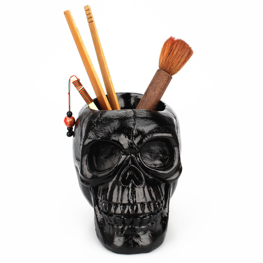 Novelty Black Skull Head Ornament Skeleton Stationery Pen Holder Container