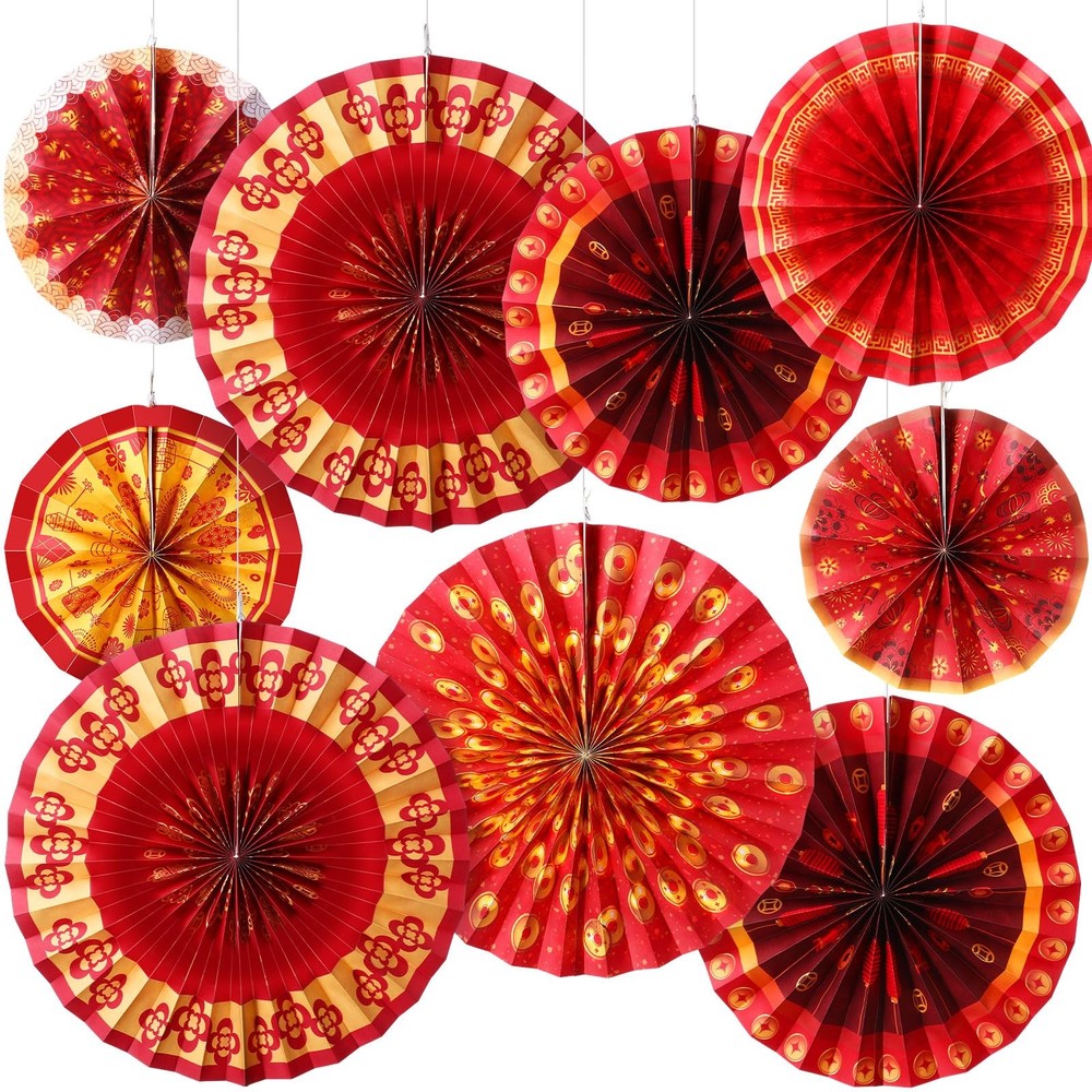 9 Pcs Chinese New Year Decoration Paper Fans Red Chinese Hanging Ornaments Lu...
